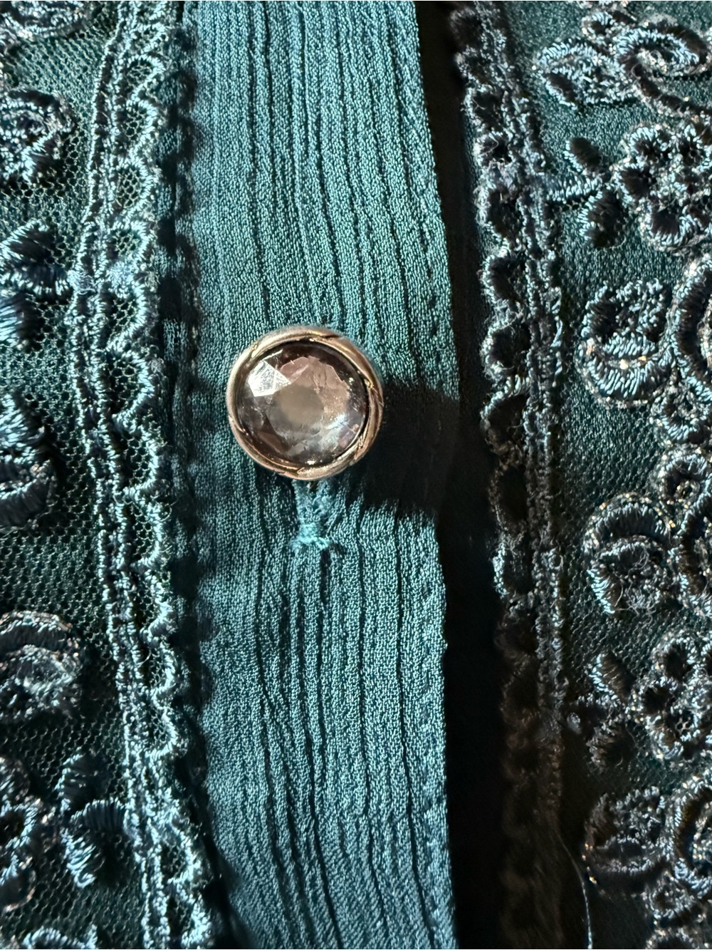 Victorian Teal Lace Bib Front Blouse •Size S• Sheer Chiffon Rhinestone Buttons - Picture 2 of 16
